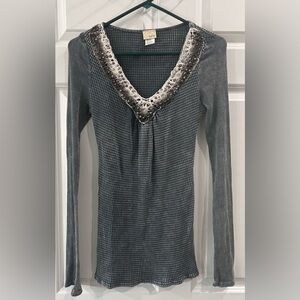 Daytrip Y2K Beaded Thermal Long Sleeve Fitted Top Sz L Charcoal Vtg Wash Crochet